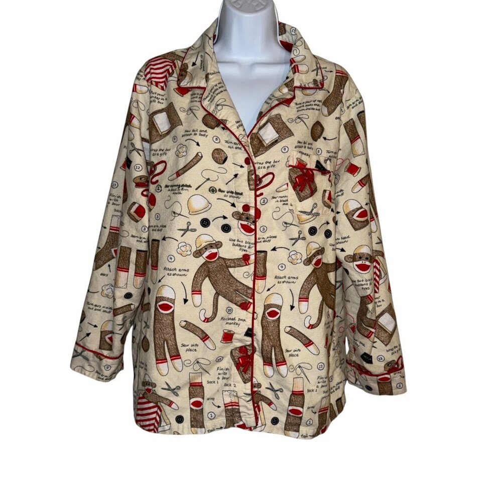 Nick & Nora Flannel Sock Monkey Pajama Top Womens XXL Plus Size Soft Sewing
